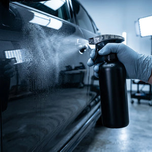 Aplikacja preparatu butelką z atomizerem 500 ml na lakier samochodu w studiu detailingowym