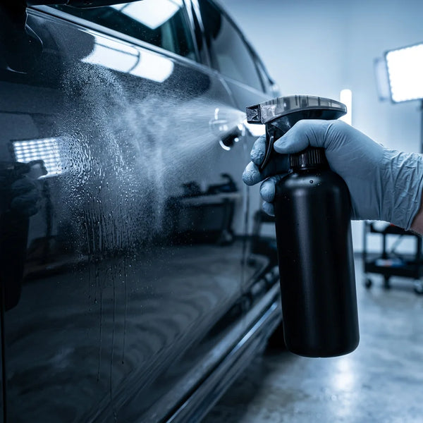 Aplikacja preparatu butelką z atomizerem 500 ml na lakier samochodu w studiu detailingowym