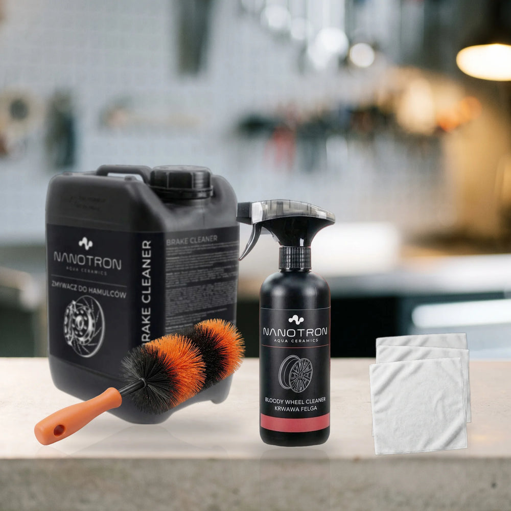 Zestaw do czyszczenia felg Nanotron – Blood Line, Brake Cleaner i szczotka Dagger